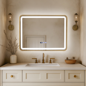 Огледало за баня с LED осветление и функция против изпотяване - Златиста рамка